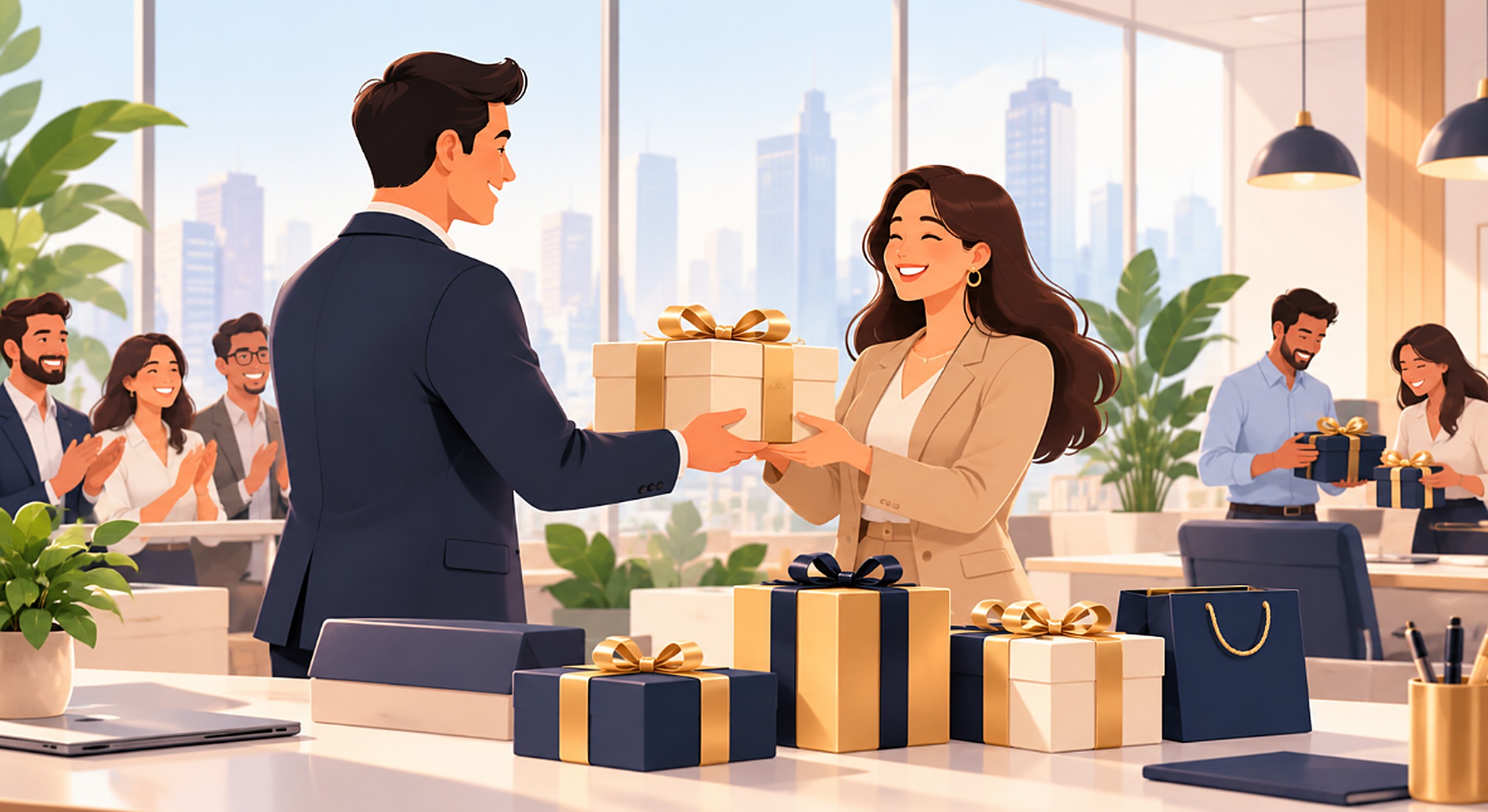 Illustration of a colleague handing a gold-ribboned gift box to a smiling teammate in a bright office, with navy and gold gift boxes on the desk