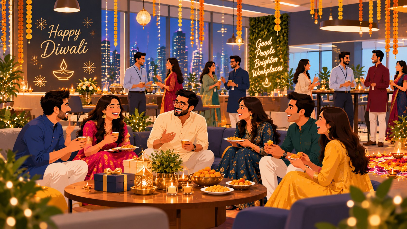 Illustration of colleagues in festive Indian wear celebrating Diwali in a modern office, with diyas, marigold garlands, sweets and gift boxes